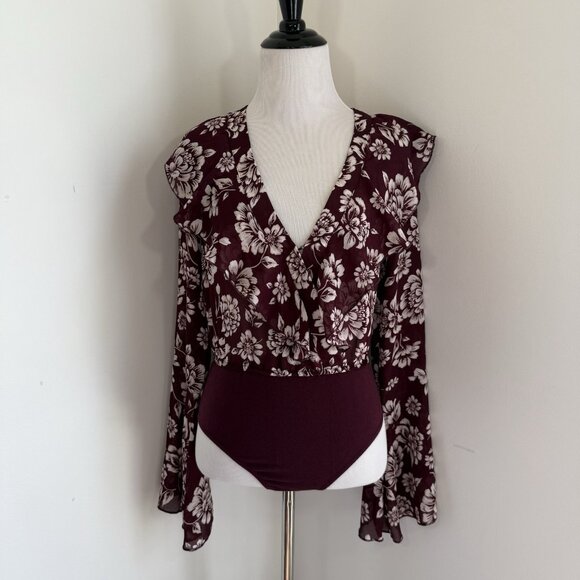 Band Of Gypsies Blouse Top Bodysuit XS Burgundy Vintage Floral Long Bell Sleeve - Picture 3 of 13